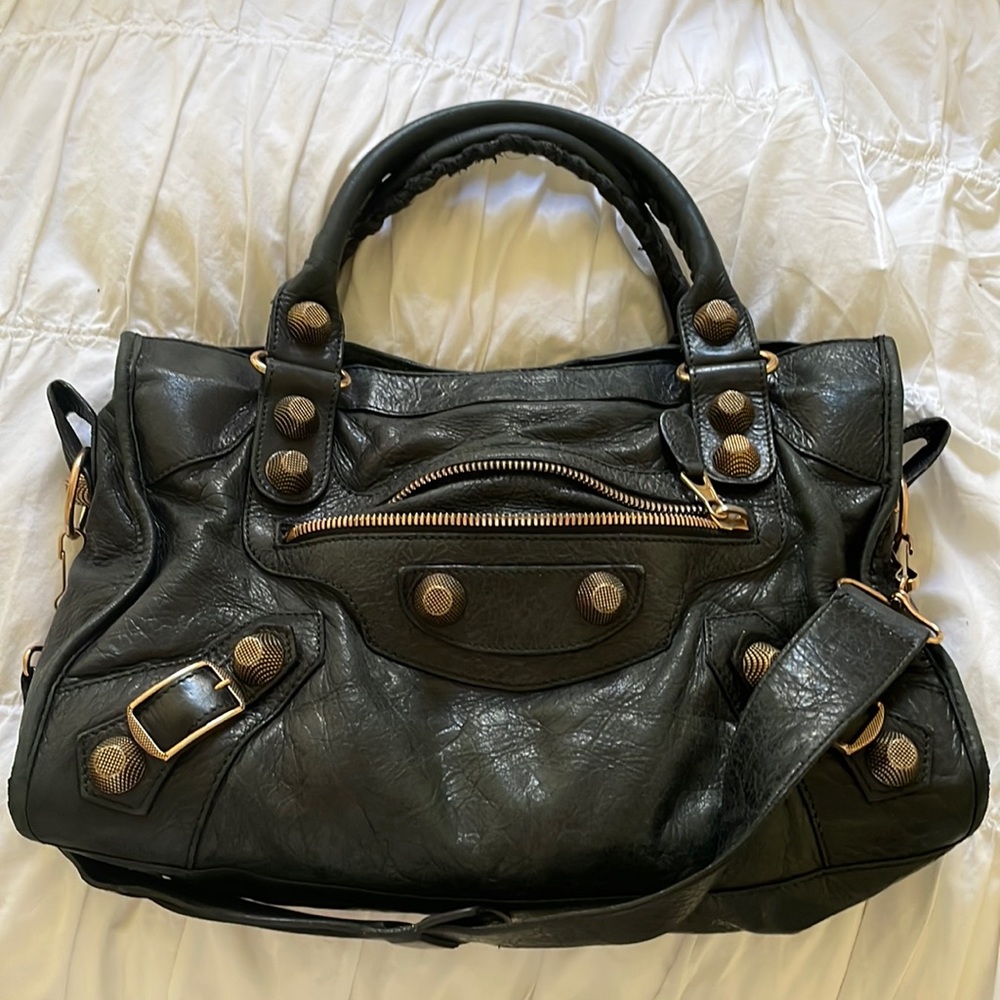 Black balenciaga vintage city bag with giant rose gold hardware